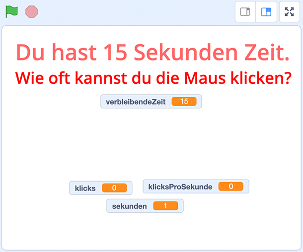 Scratch-Beispielscreen: Spiel »Klicks zählen«