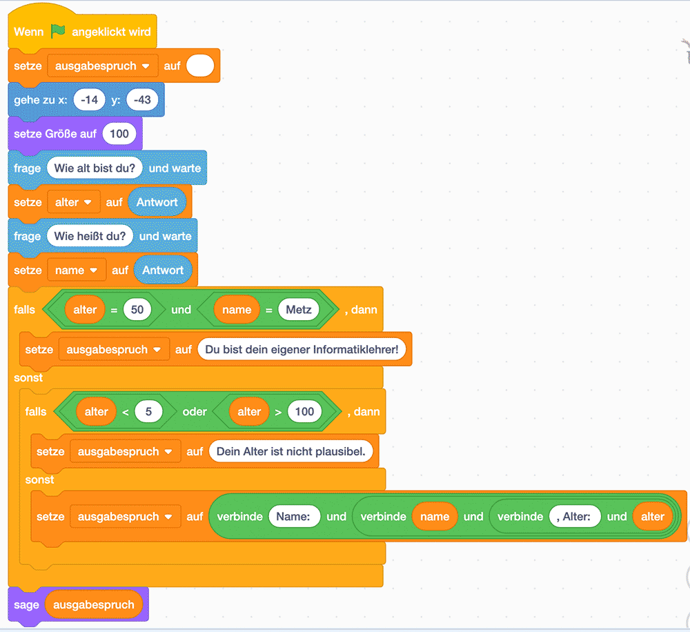Scratch-Skript: Name und Alter abfragen und testen